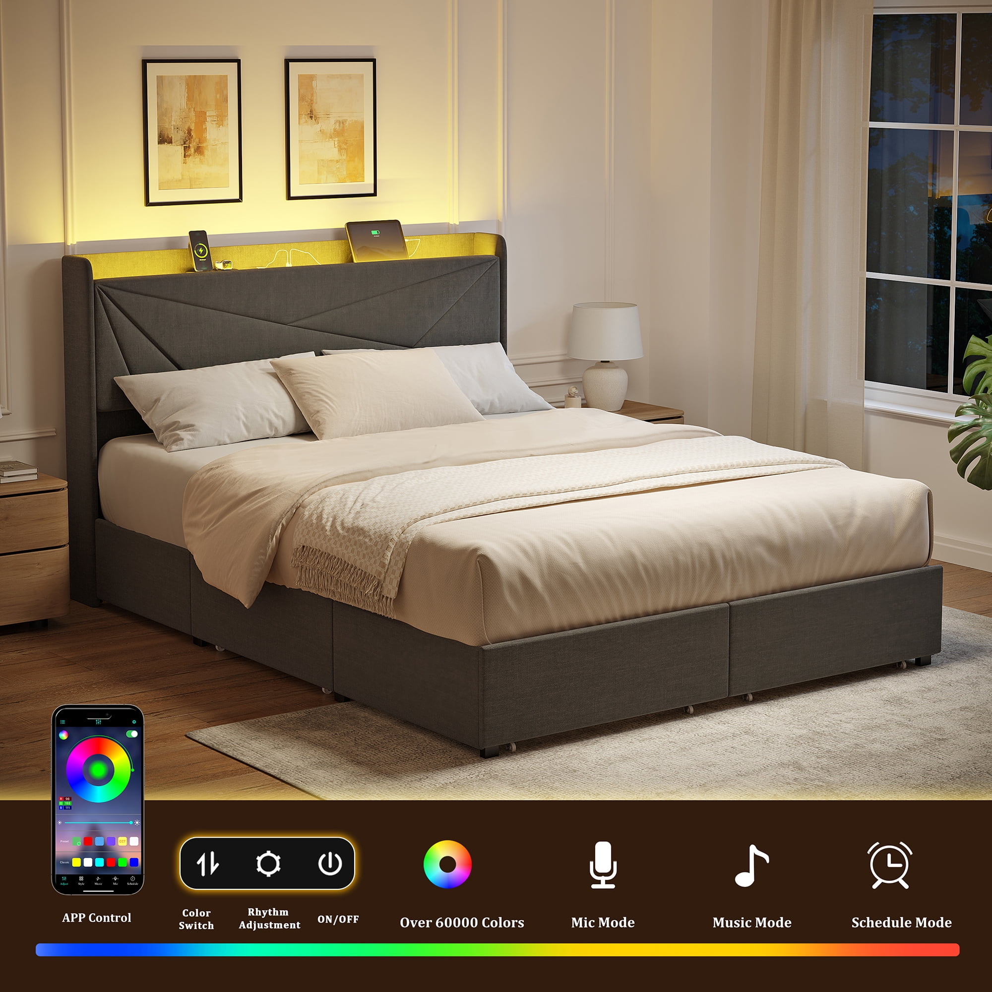 GUNAITO Queen Size Bed Frame with 4 Storage Drawers, Upholstered LED Bed with USB Ports, Modern Bed with Headboard Noise Free Platform Bed with Metal Frame, Dark Gray