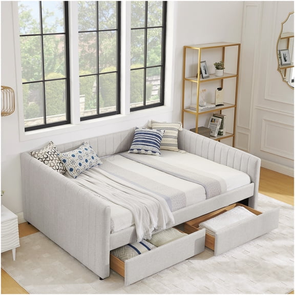 Upholstered Sofa Bed Queen Size with Trundle, Modern Striped Daybed with 2 Drawers for Storage