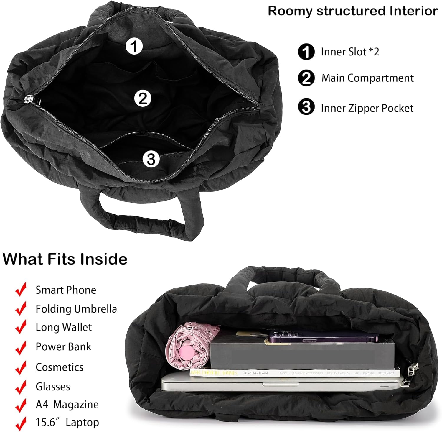 JennyShop Large Capacity Fashion Quilted Puffy Handbag, Herald Puffer Tote Bag for Women, Lightweight Satchel Purse for Working Travelling Gym Shopping