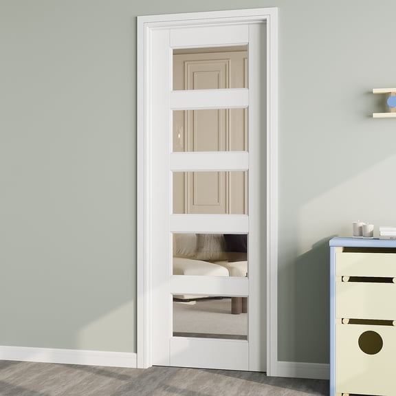 24" x 80" 5 Panel Clear Glass Interior Door Slab, Solid Core Door Panel as Barn Door, Pocket Door, French Door, Prehung Door - as Panty Door, Closet Door, Pre-finished & Paintable, White