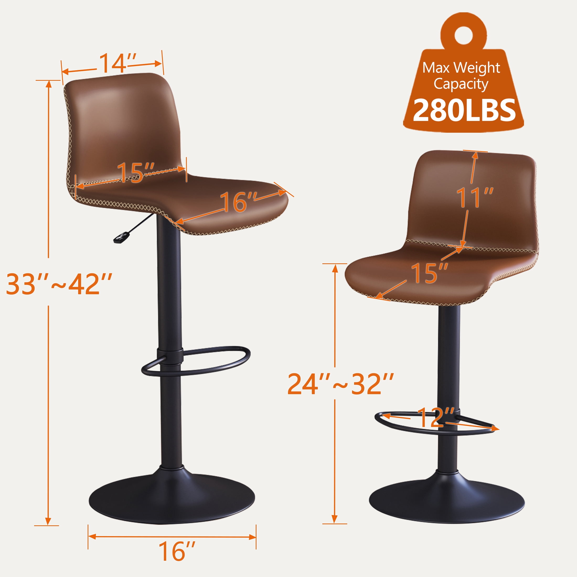 FIRAVOE Bar Stools Set of 6, Swivel Bar Height Bar Stools with Ergonomic Back, Adjustable Barstools 24" to 32", Faux Leather Bar Chairs for Kitchen Island, Brown