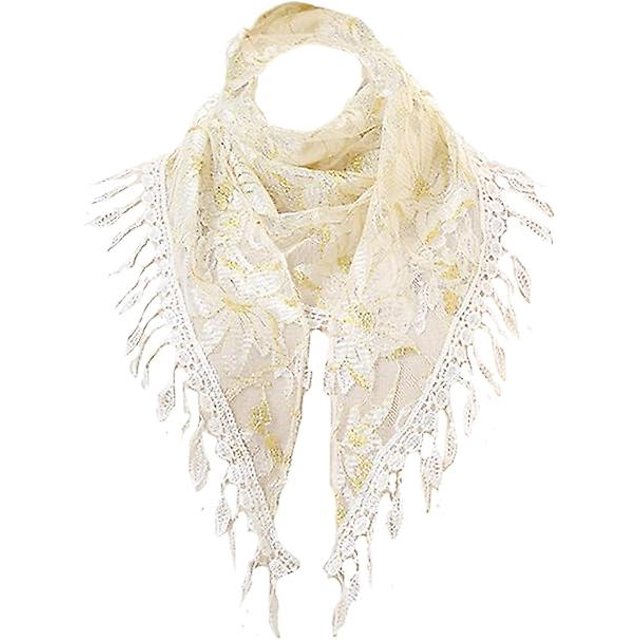 Bufandas para mujer, bufanda triangular de encaje a la moda, bufanda con borlas florales ahuecada transparente, bufanda triangular de colores, chal para mujer, blanco