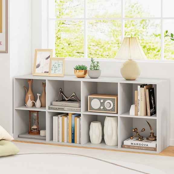 8 Cube Storage Organizer, Wooden Vertical & Horizontal Book Shelf, 24” Low Bookcase Under Window with Back Panels, 2-Tier Bookshelf for Classroom Home Office Living Room (White)