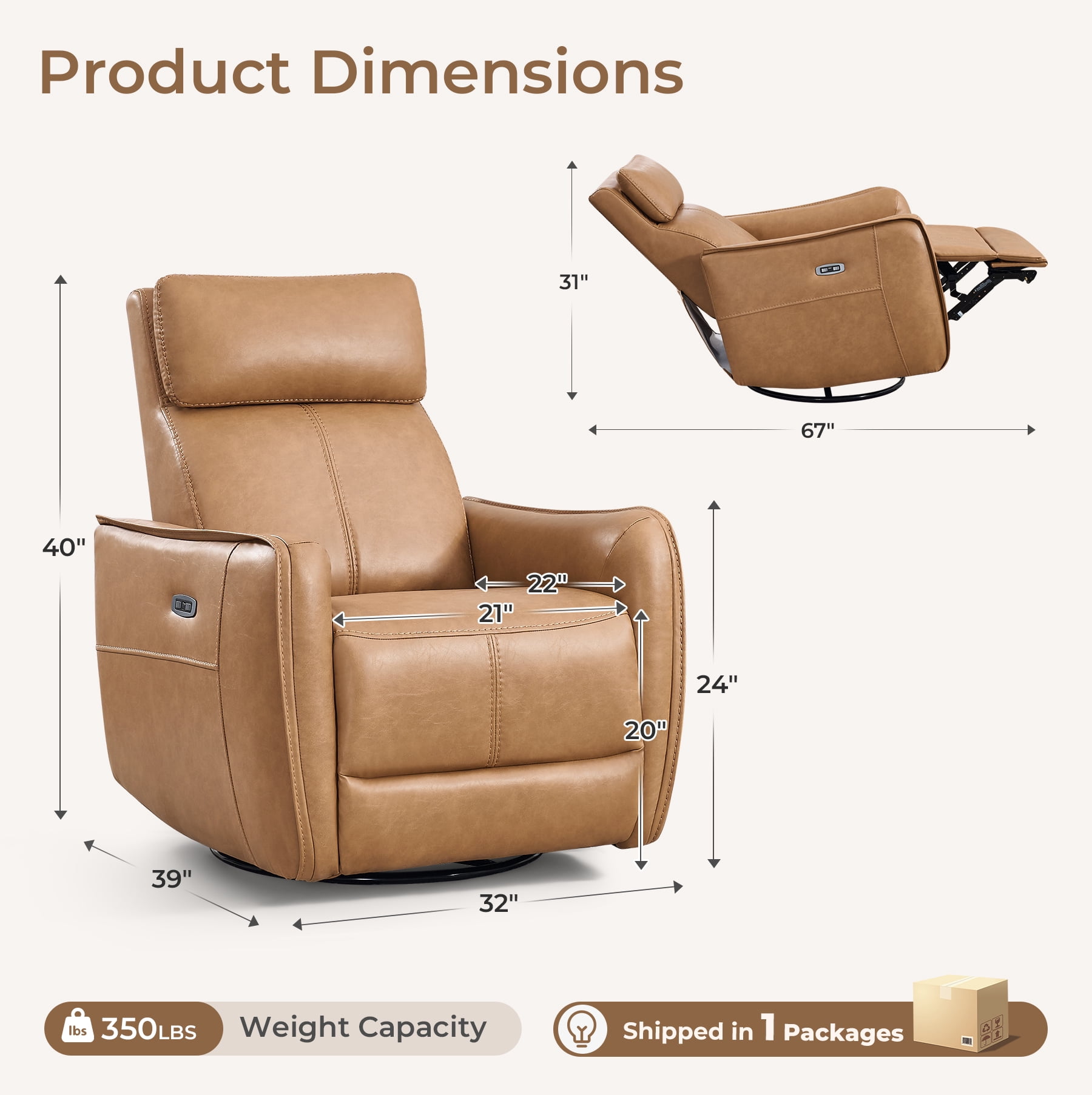 Ebello Power PU Leather Swivel Rocker Recliner, Electric Swivel Glider Chair with USB & Type-C Ports for Nursery, Living Room, Brown
