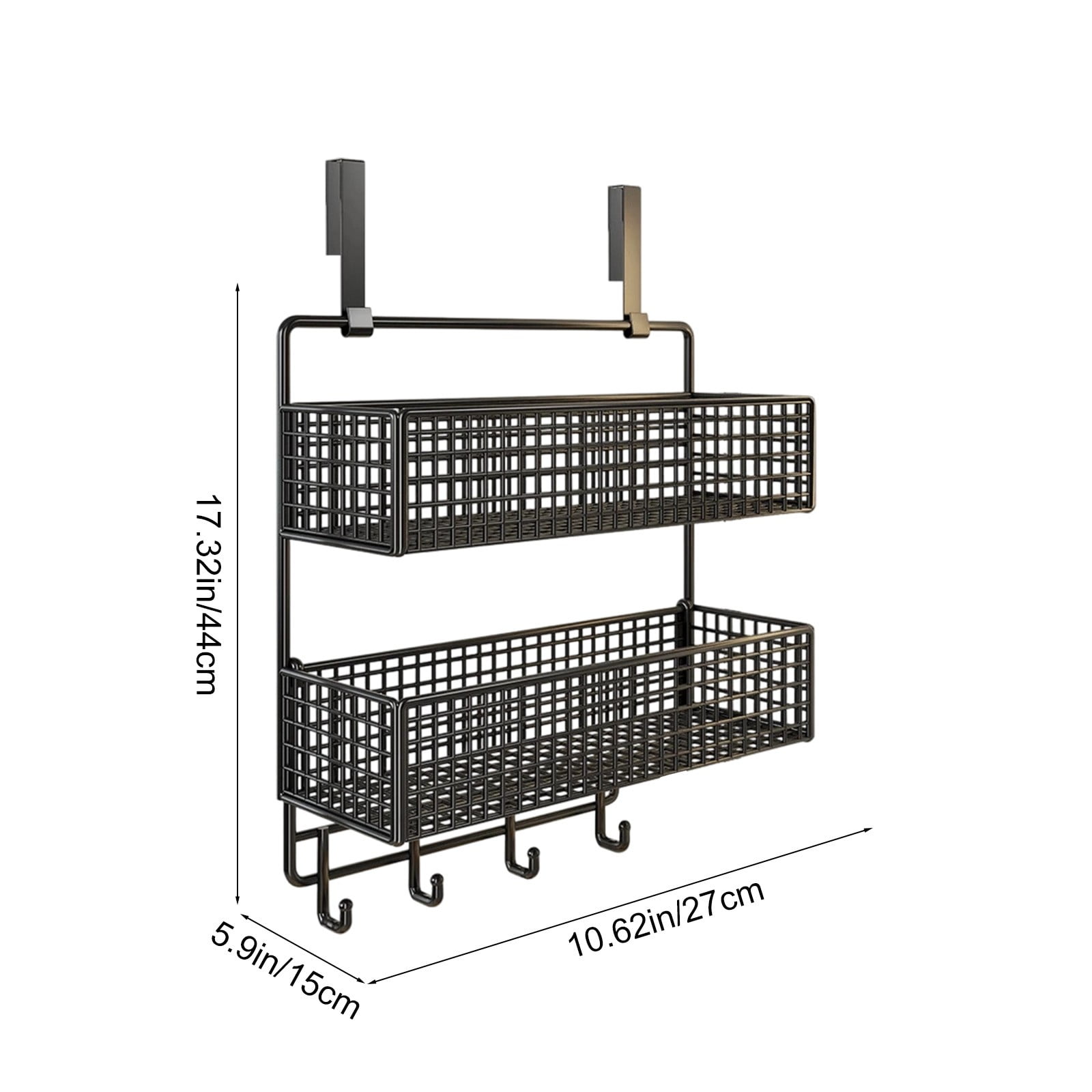Over The Door Two Tier Storage Basket Organizer with Hooks, Space-Saving Hanging Shelf for Bathroom, Kitchen, Pantry, Tool-Free Setup, Large Capacity for Toiletries, Snacks and Daily Essentials