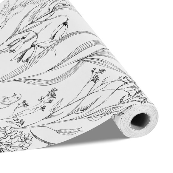 VEVOR Peel and Stick Wallpaper, 17.7 x 393.7 inch Contact Paper White Line Art Botanical Floral Waterpoof Self Adhesive, Easy to Clean Wall Decorative Vinyl Roll for Bedroom Kitchen Bathroom Office