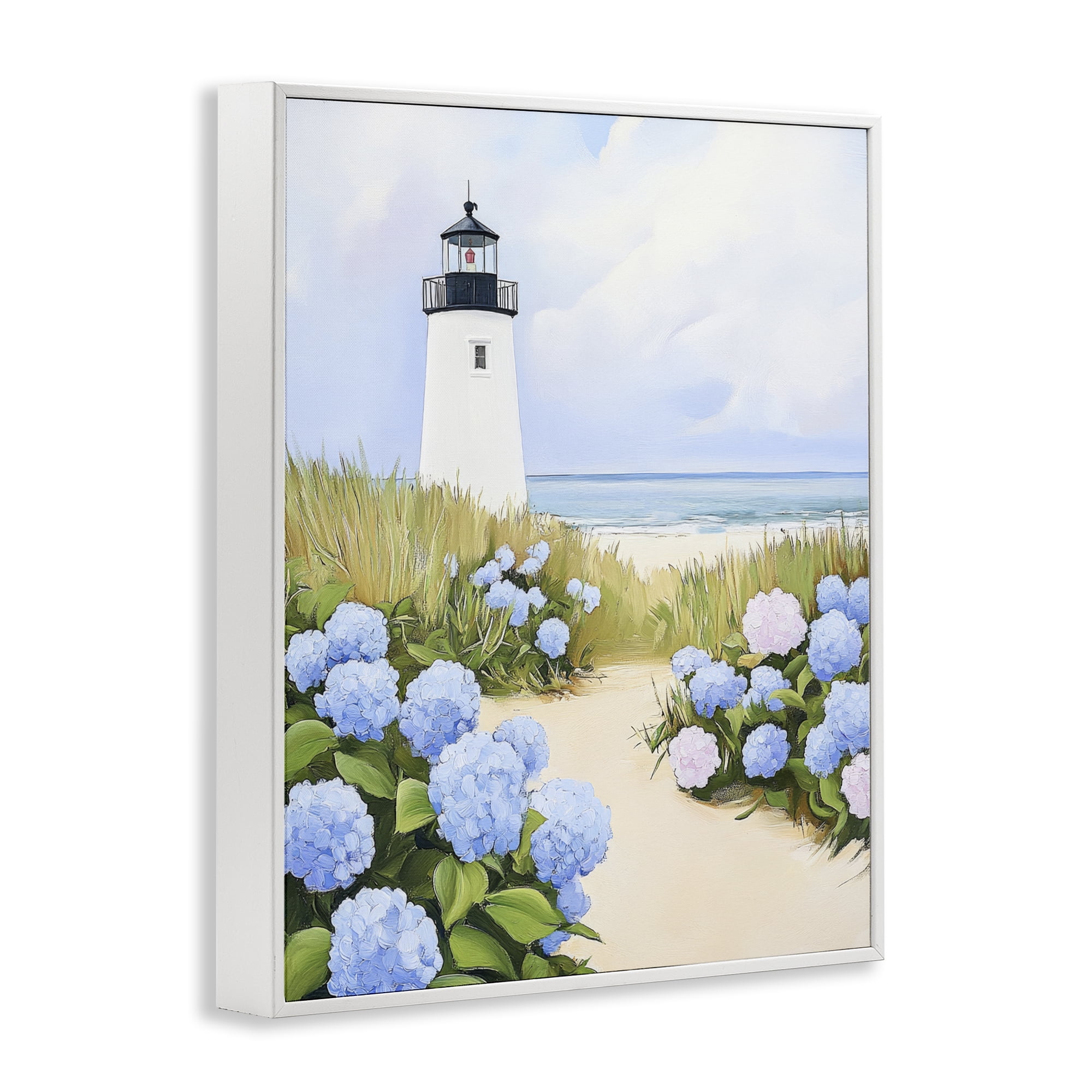 Stupell Industries Hydrangea Path Leading to Lighthouse White Framed Giclee Art, design by Sisi and Seb