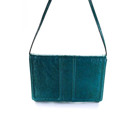 Pre-owned|Atelier Womens Ostrich Skin Large Flap Shoulder Handbag Blue