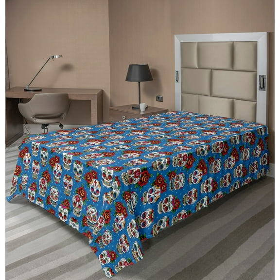 Ambesonne Colorful Flat Sheet, Floral Roses Skulls, Twin Size, Blue Red Ivory