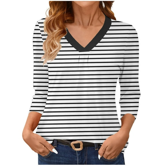 CHGBMOK 3/4 Length Sleeve Blouses for Women Striped V Neck Tunic Tops Casual Basic Shirts Loose Fit Tops
