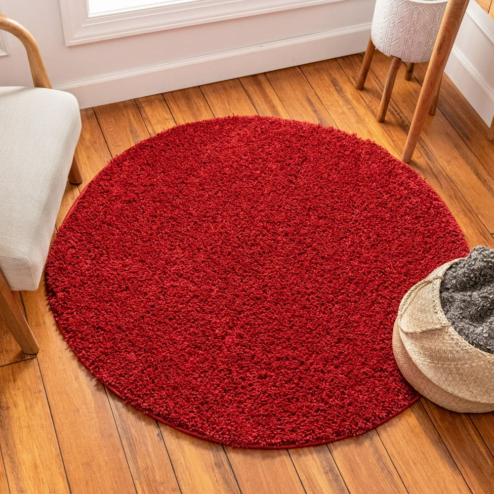 Solid Retro Modern Red Shag Area Rug Plain Plush Easy Care Thick Soft
