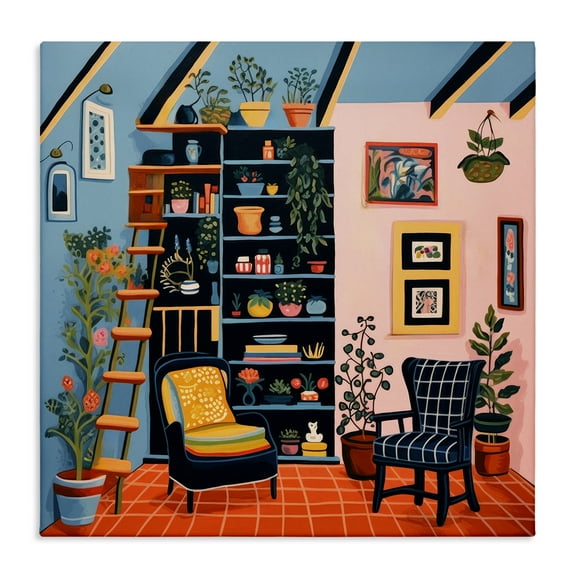 Stupell Industries Bookshelf Scene & Plants Furniture Painting Wrapped Canvas Art Print Wall Art, 17 x 17