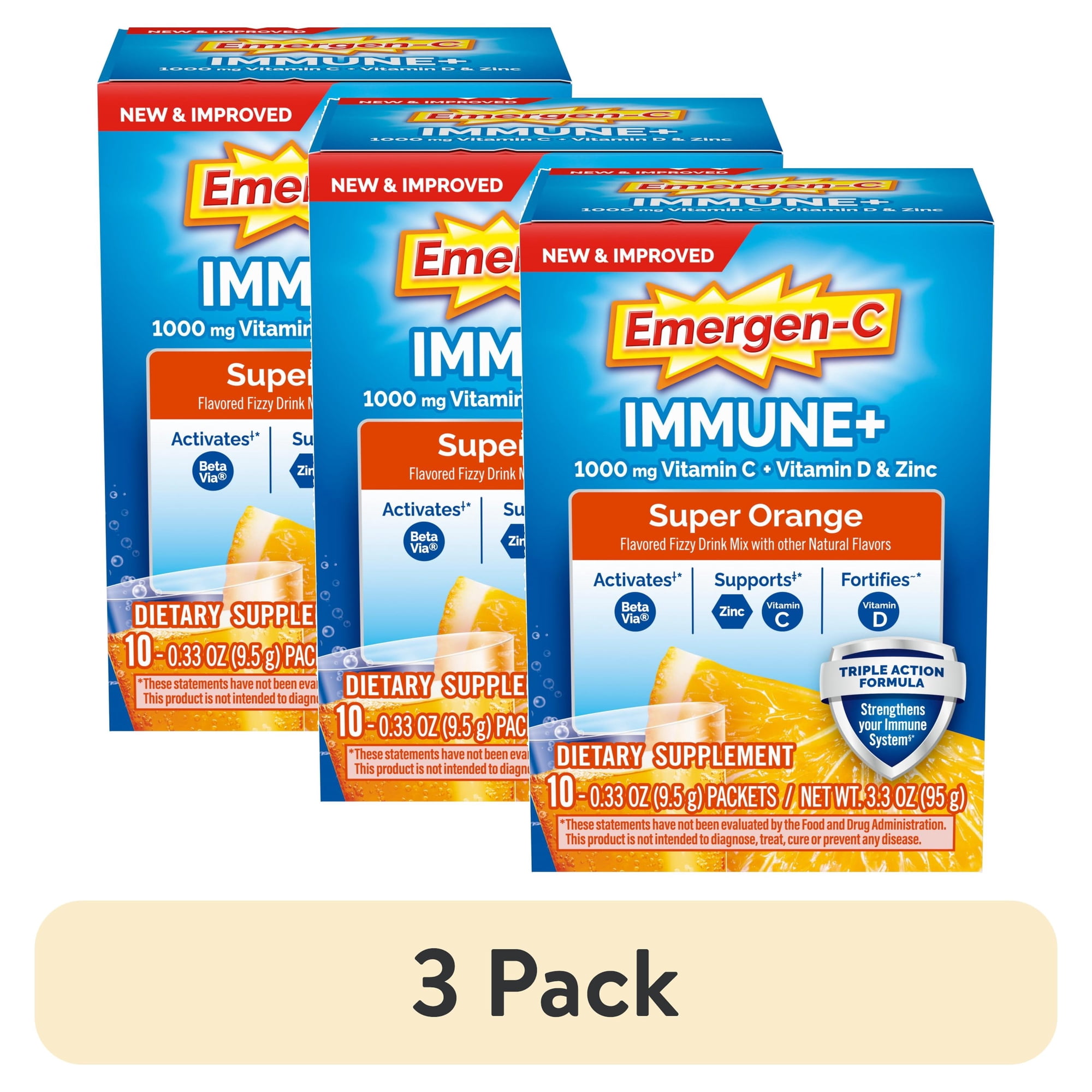 (3 pack) Emergen-C Immune+ Triple Action Immune Support Powder, Betavia (R), 1000Mg, Vitamins C, B, D and Antioxidants, Super Orange – 10 Count