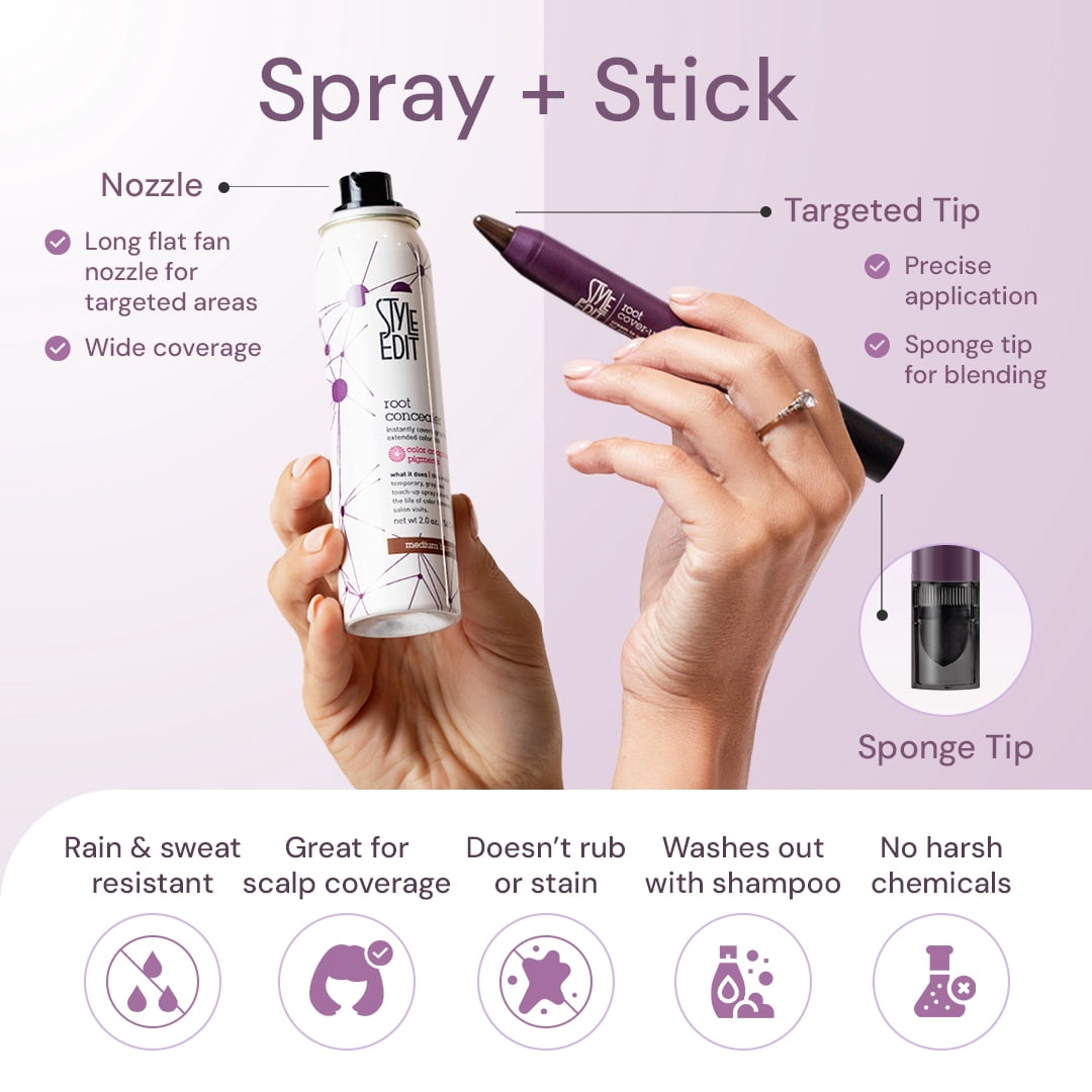 Style Edit Root Cover-Up Stick + Travel Sized Concealer Spray Medium Brown 0.86 oz