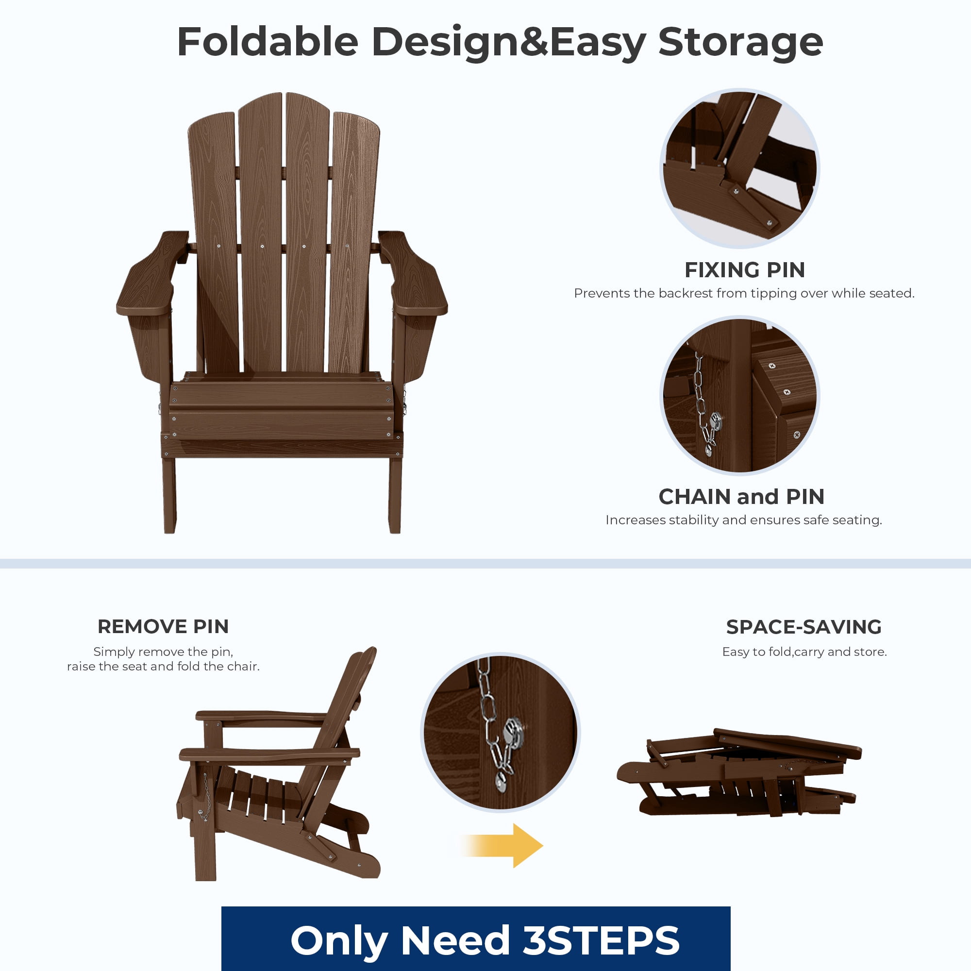 FUNDAZE HDPE Adirondack Chair, Foldable Weather-resistant Outdoor Chair for Patio, Poolside, Garden, Yard, Brown