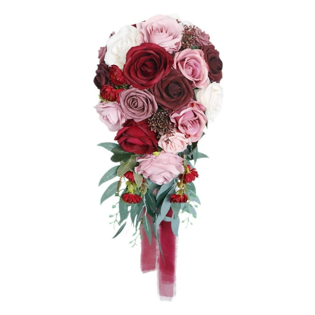 Ramo de novia con diseño de cascada, rosas artificiales, ramo de celebración hecho a mano Rojo