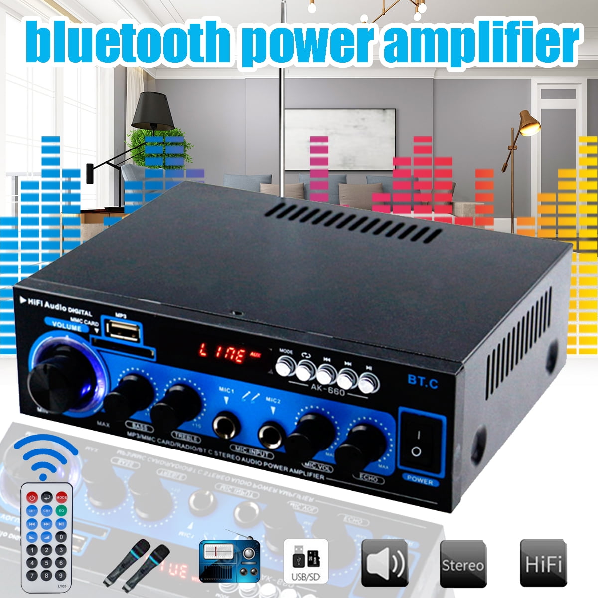 Home/Car Stereo Power Amplifier, Compact Audio Amp with HIFI digital
