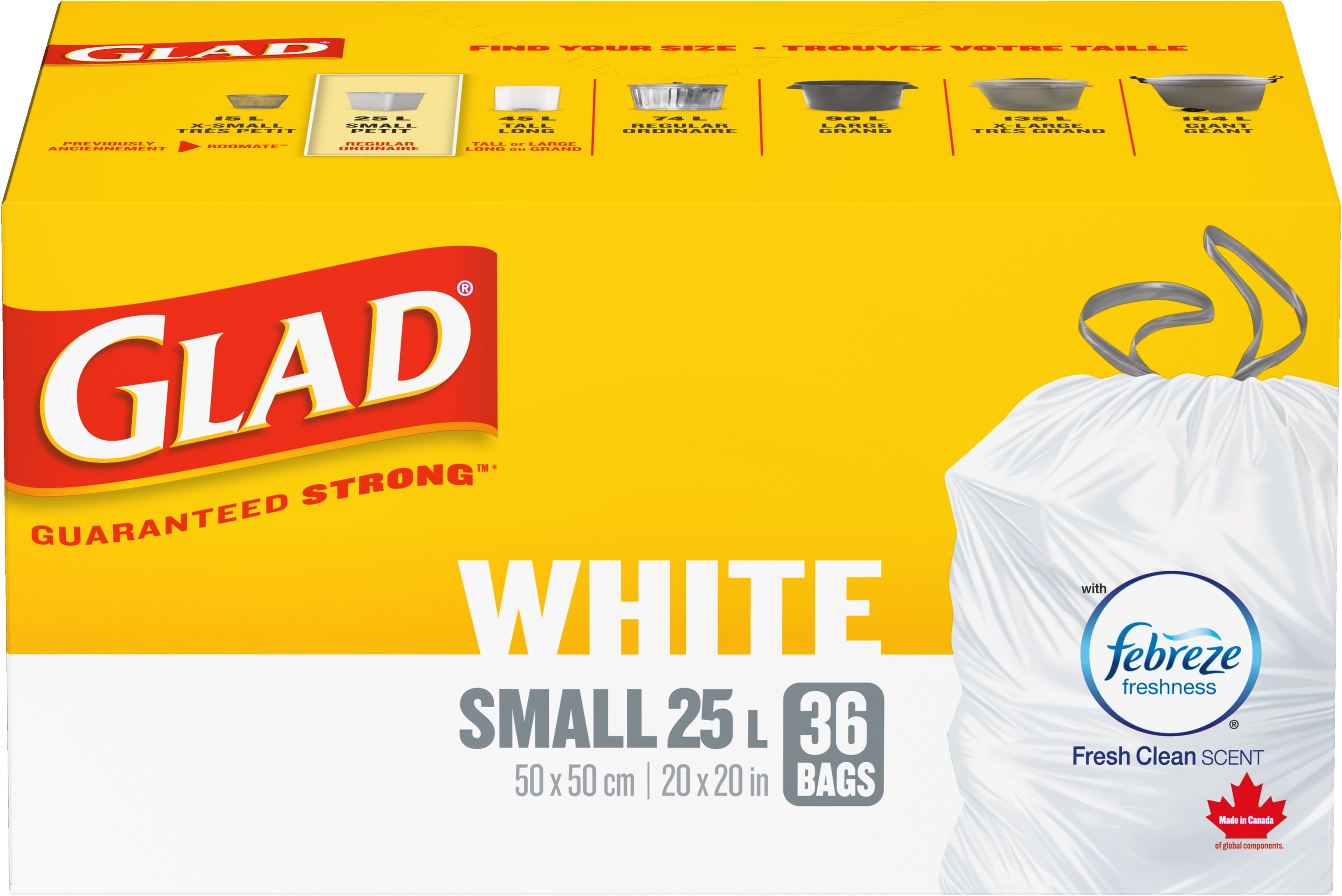 Sacs à ordures blancs de Glad, boîte de 36 petits sacs à ordures ForceFlex à cordon coulissant avec senteur fraîche et propre de Febreze fraîcheur, 36 sacs