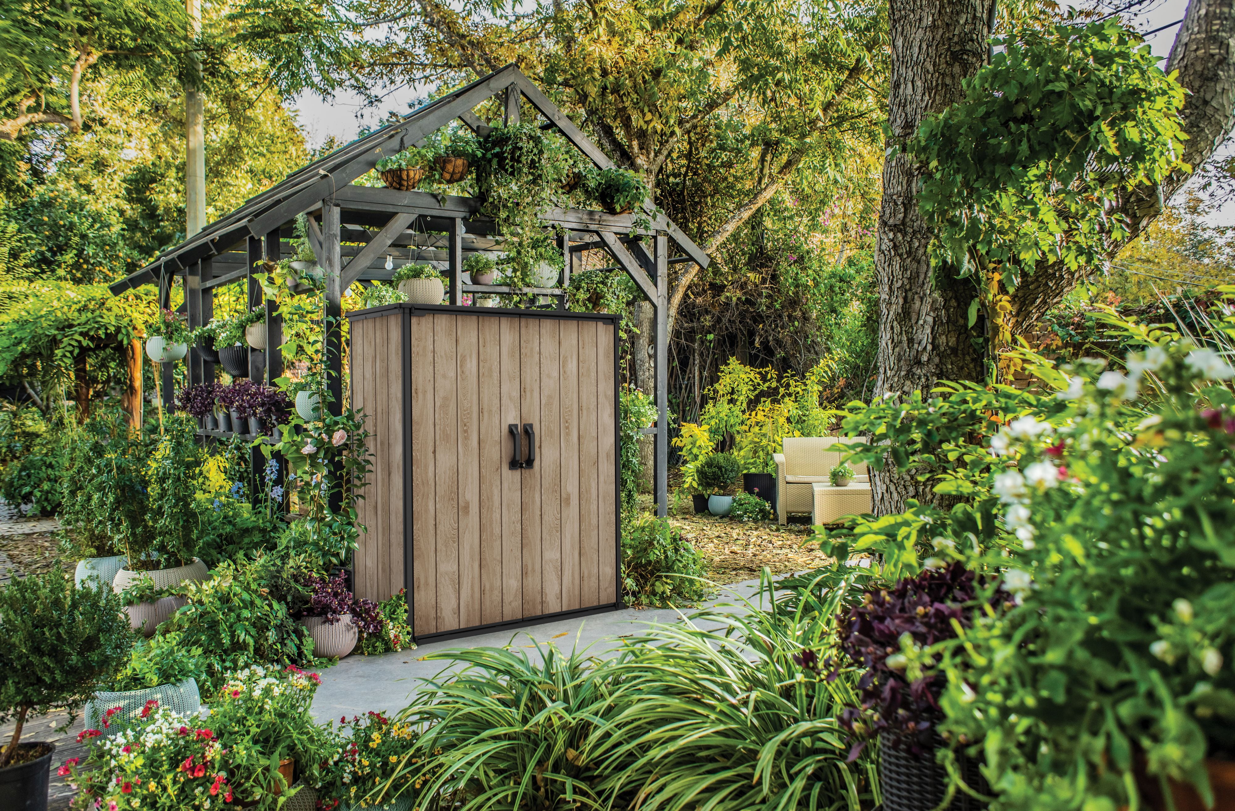 Keter Vertical 4x2 ft. Outdoor Storage Shed, Weatherproof Lockable Double Doors, Ashwood