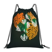 TEQUAN Drawstring Backpack Sports Gym Sackpack, Retro Bohemian Plant Leave Prints Polyester Water Resistant String Bag for Women Men