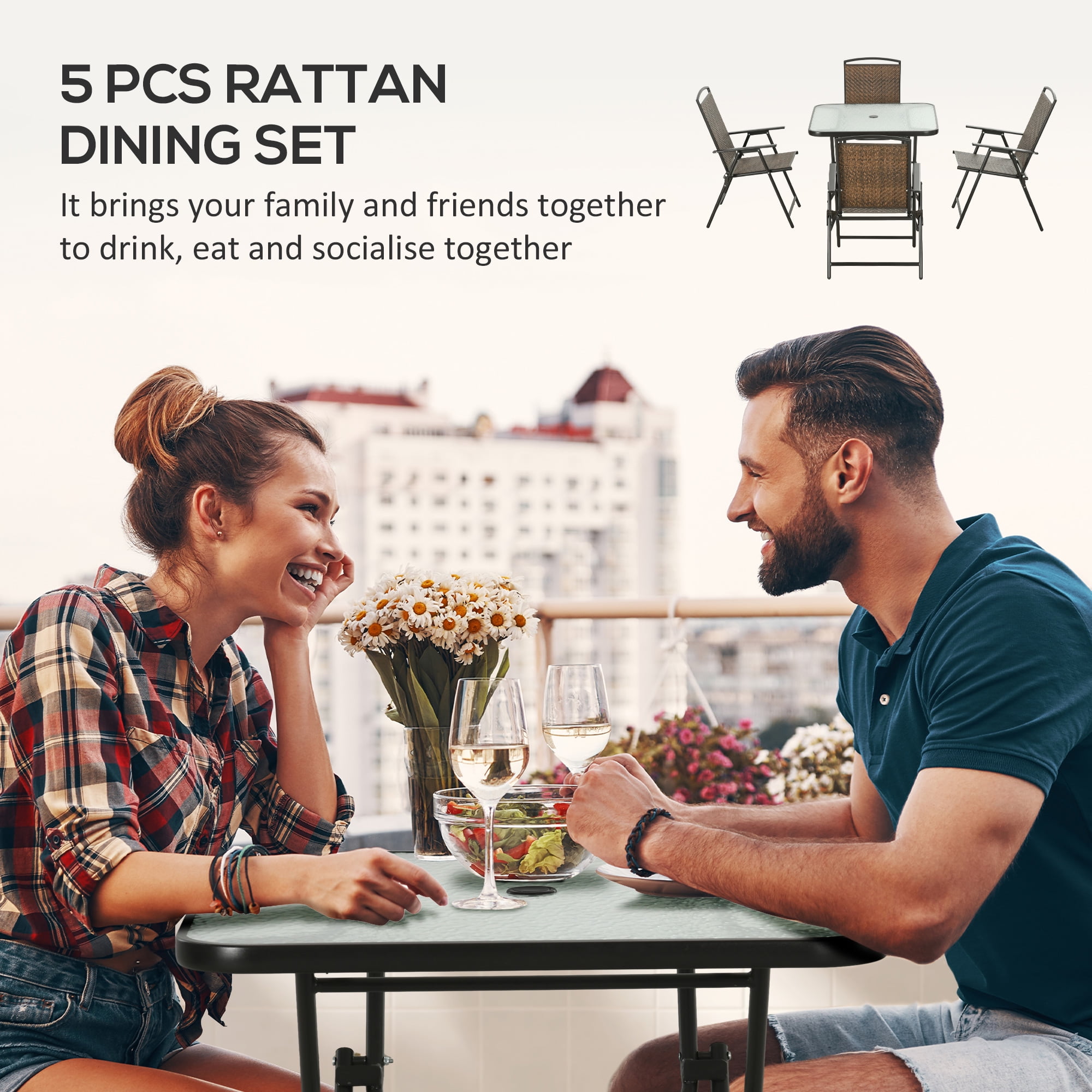5-Piece Outdoor Patio Dining Set,Wicker Furniture Dining Set with Umbrella Hole,Foldable Outdoor Table and Chairs for Patio, Lawn, Garden,Brown