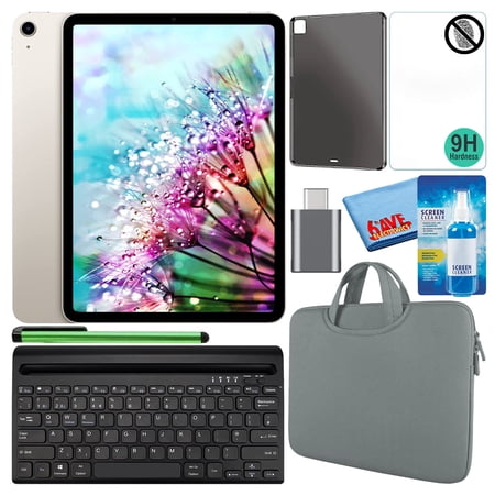 Apple 10.9" iPad Air (2022, 64GB, M1 Chip, Wi-Fi, Starlight) (MM9F3LL/A) Bundle with Gray Zipper Sleeve + Screen Protector + TPU Case + Keyboard + LCD Cleaner