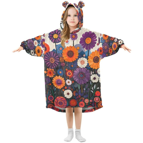 FORMRS Wearable Blanket Hoodie with Sleeves for Kids Cozy Flannel Sweatshirt, Purple Flowers
