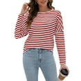 thumbnail image 2 of Womens Long Sleeve Shirts Striped Color Block Tops Fall Fashion Clothing Crewneck Tee Blouses Red & White M, 2 of 8