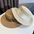 thumbnail image 4 of Women's Straw Boater Hat Elegant Flat Top Sun Hat with Pearl Tie & Satin Band Wide Brim Summer Beach Hat for Travel, 4 of 4