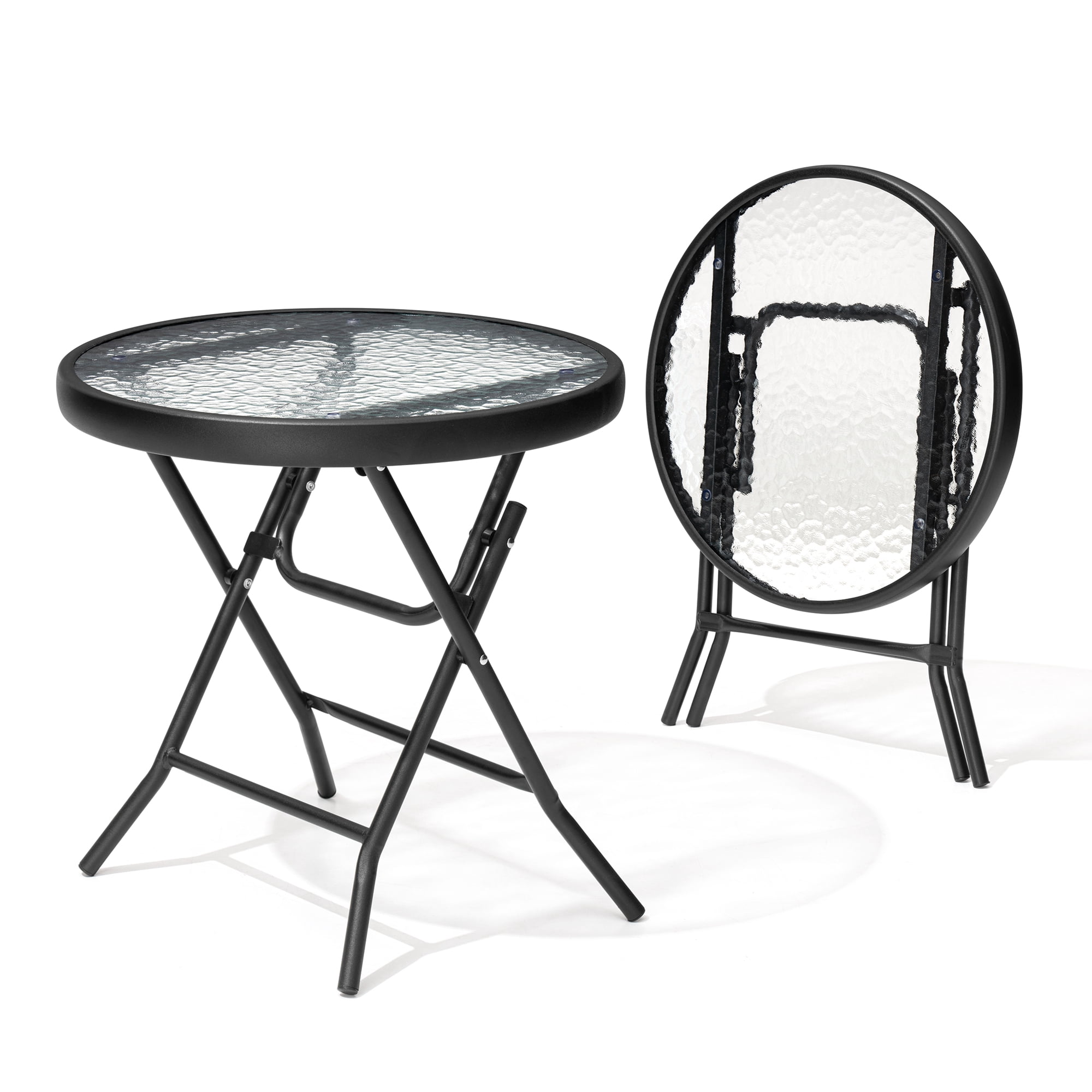 Crestlive Products Outdoor Side Tables Foldable Patio Side Table with Tempered Glass Table Top, Black
