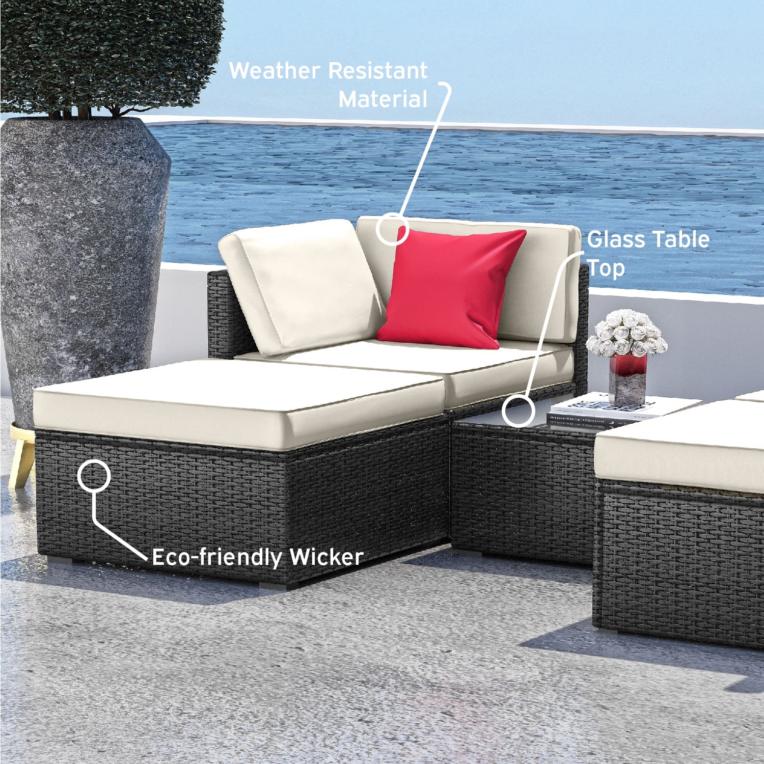 Hearth & Harbor 5-Piece Outdoor Furniture Sets, Wicker Sectional Patio Set, Black/Off White
