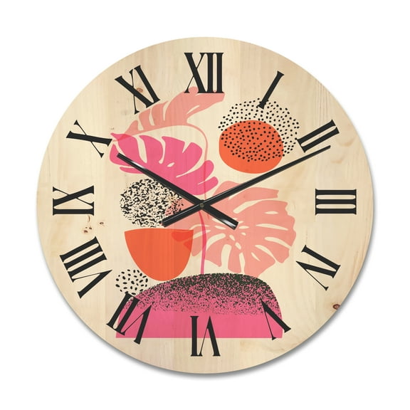 Designart 'Geometric Sun and Moon Shapes With Tropical Leaves' Modern Wood Wall Clock