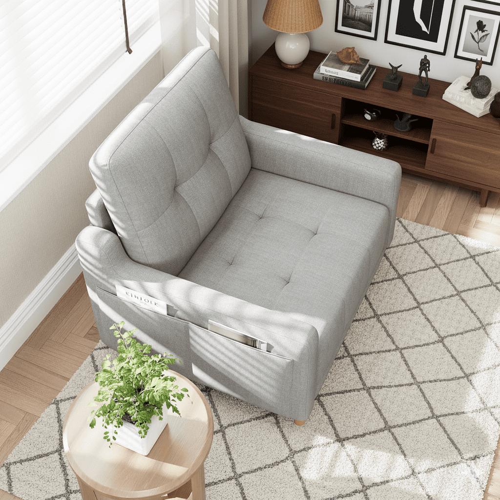 Mid Century Modern Accent Chair Reading Chair with Wood Legs, Upholstered Armchair Fabric Single Sofa Chair for Living Room & Bedroom (Light Gray)