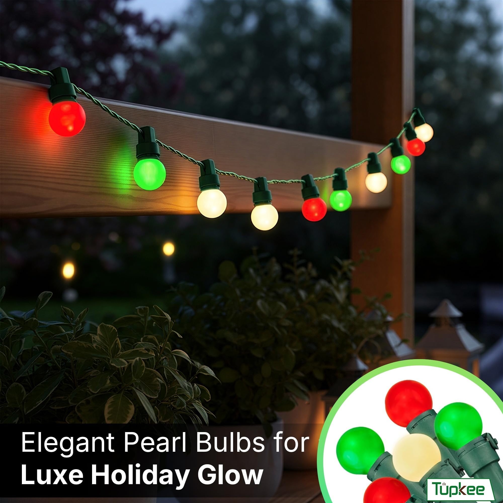 Tupkee Pearlized Glass Mini Globe Lights Set - 70 G15 Red, Green & Warm-White LED Bulbs - Indoor Outdoor - 25.3 Feet Pearl Berry Mini Globe Round Bulb Light String, Christmas Tree Holiday Lights