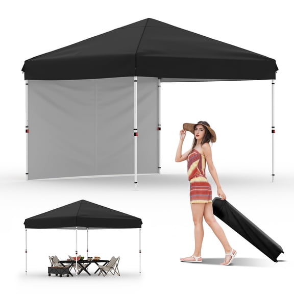 10x10 Pop Up Canopy Beach Tent with Removable Sidewall, UPF 50 & Waterproof, Tents for Camping & Parties, Gazebo Outdoor Canopy Tent, Easy Setup with Center Lock One-Push Instant – Black