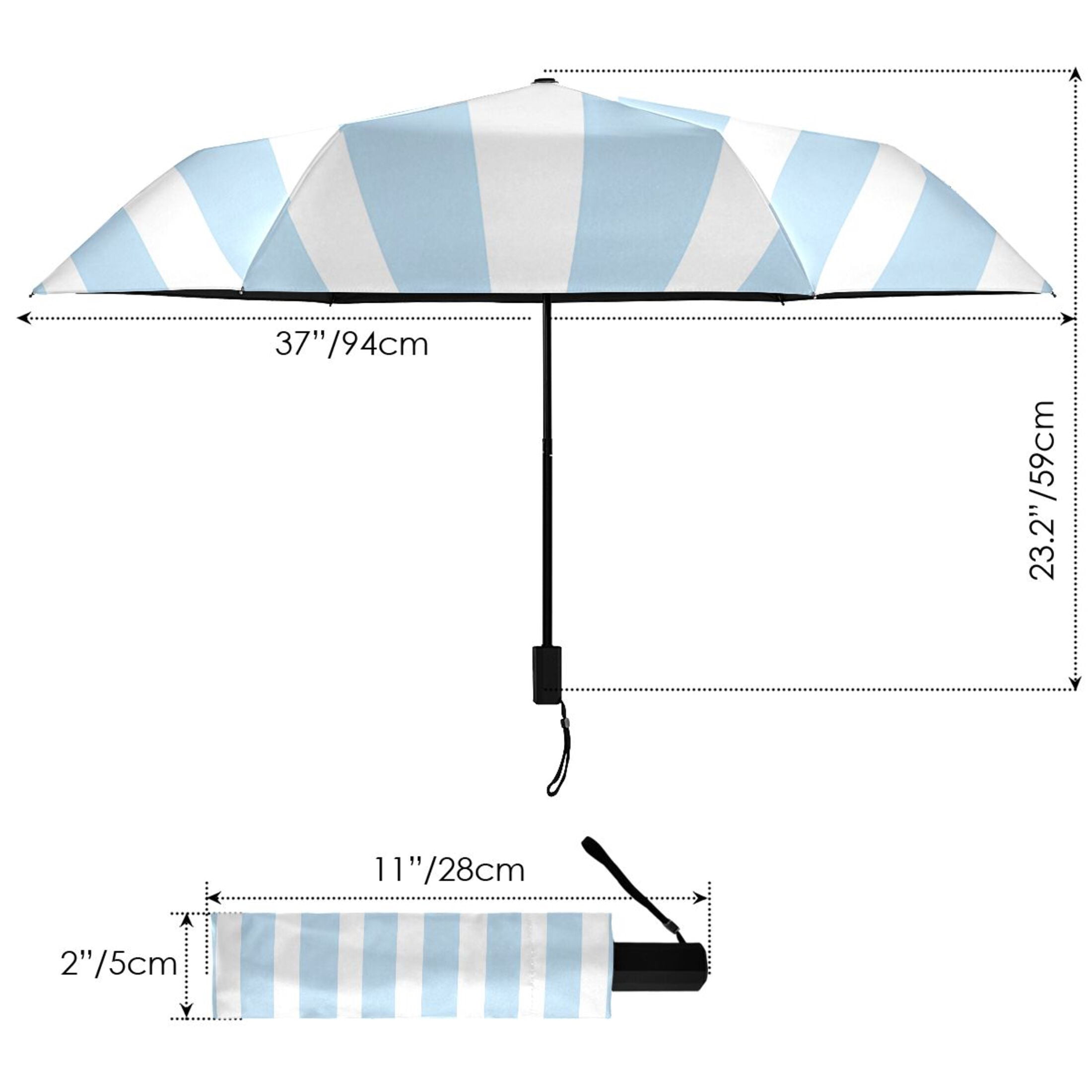 Light Blue and White Stripes Compact Sun Umbrella Windproof Travel Umbrellas for Rain Strong Portable UV Protection