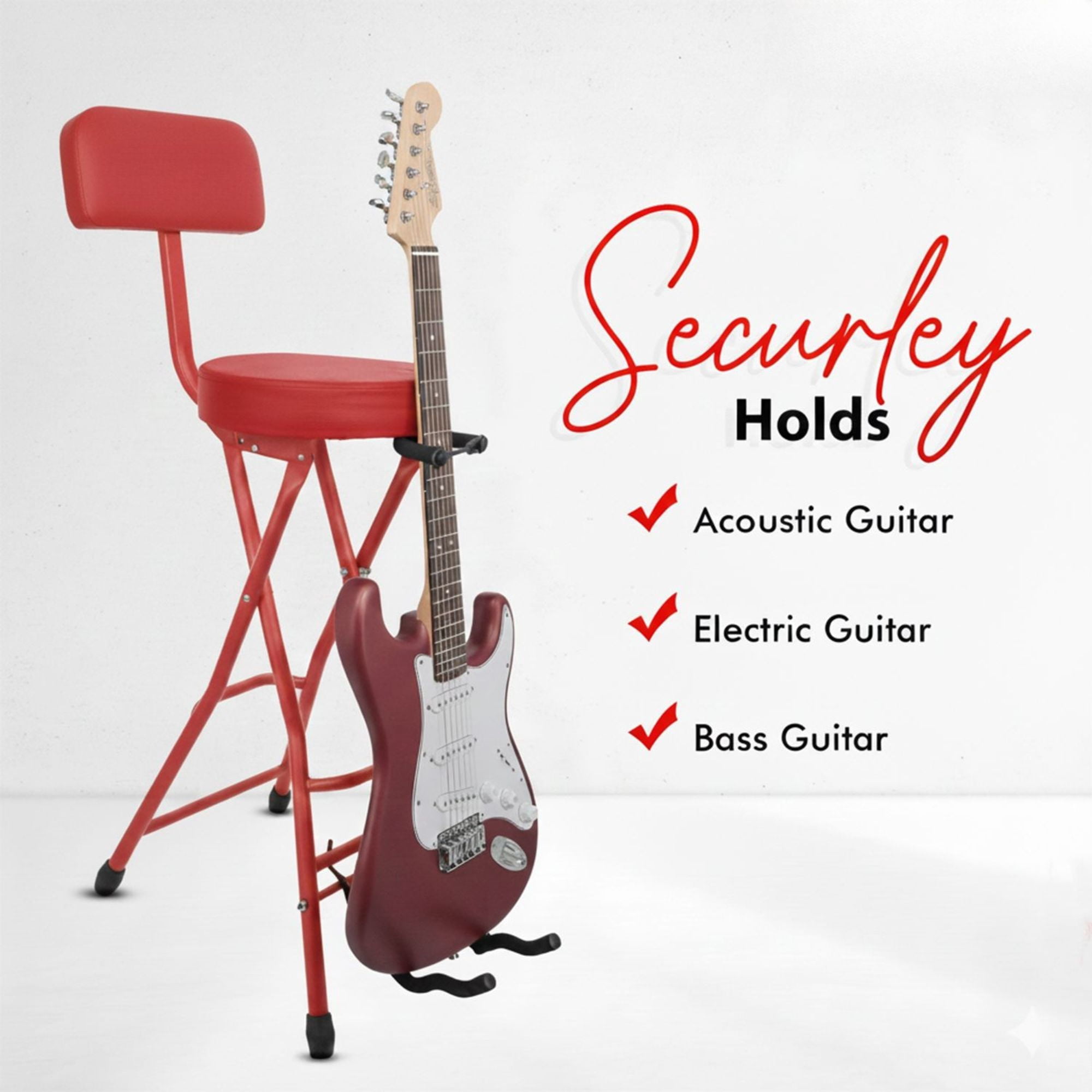 Padded Guitar Stool with Backrest, Built-in Stand & Footrest - Red