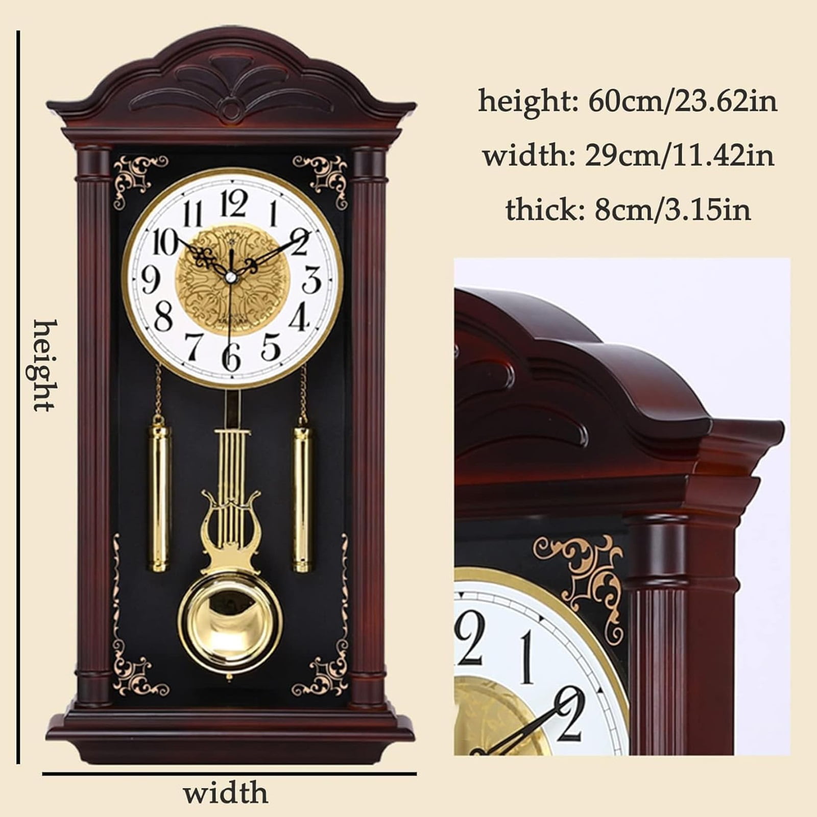 Grandfather Wood Wall Clock With Chime and Swinging Pendulum - 26in Traditional Silent Timepiece - Classic Chiming Design