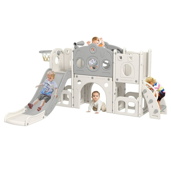 Kinsuite 8-in-1 Toddler Slide Set - Stair Slide for Toddlers 1-3 with Basketball Hoop, Ball, Storage Space & Telescope, Astronaut-Themed Indoor & Outdoor Playground Playset (Grey)