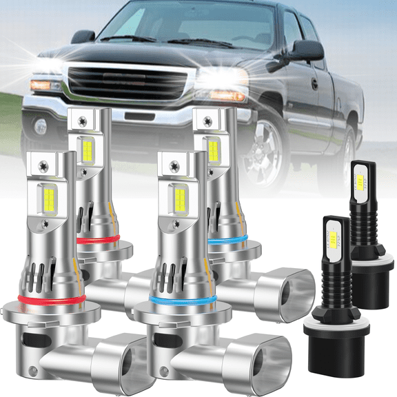 ROADSUN For 2001 2002 GMC Sierra 3500 LED Headlight Bulbs 6000K 6X LED Headlight High Low Fog Light Bulbs Combo