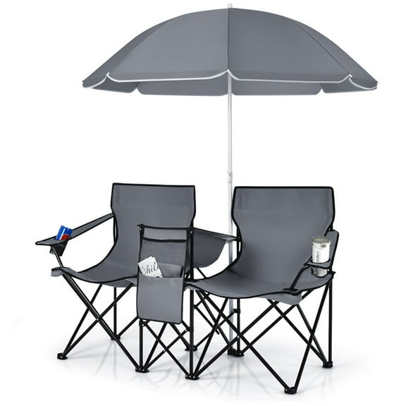 Topcobe Portable Folding Picnic Double Chair With Umbrella, Outdoor Beach Chair with Umbrella, Gray