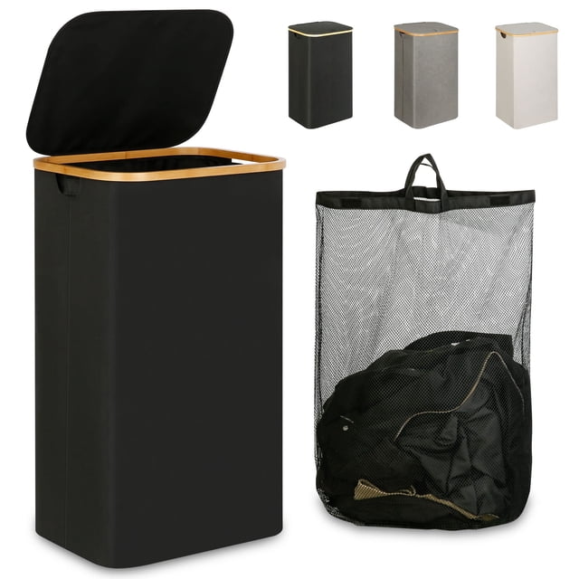Cesto de ropa ieGrow 110 L con tapa, asa y bolsa extraíble, color negro
