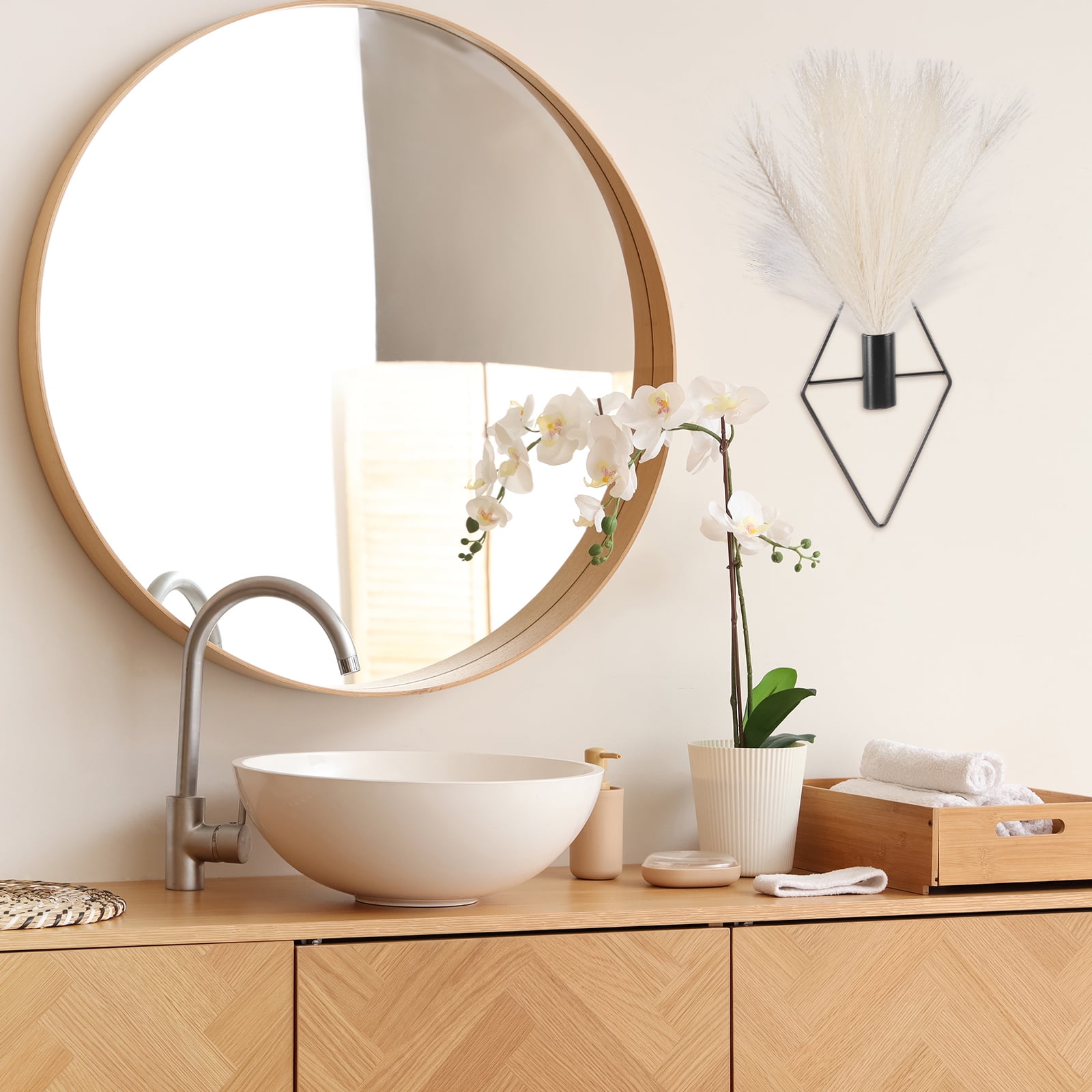 Uxcell 2 Pcs Wall Decor Metal White Wall Art Hanging Planters with Artificial Pampas, Wall-mounted Decor Metal for Display Artwork Plant Hanging Living Room Bedroom, Beige (Round)