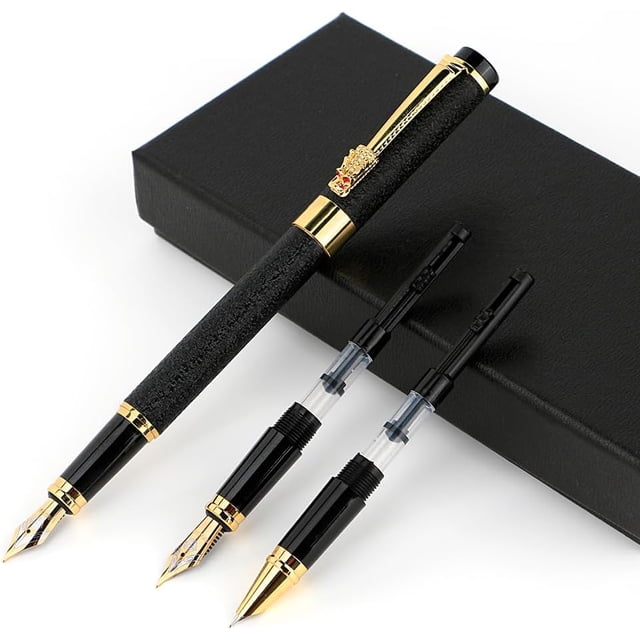 Pluma estilográfica ultra elegante, Punta de iridio, Incluye 3 puntas de acero de diferentes espesores, diseño clásico, con convertidor (Color negro mate)