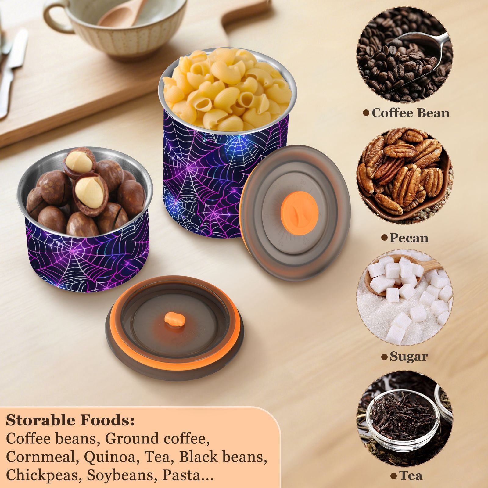 Halloween Spider Colorful Airtight Coffee Bean Canister 30oz Food Storage Containers with Lids For Gournd, Tea, Sugar, Flour, Rice, Cereal, Candy Cookie Jar