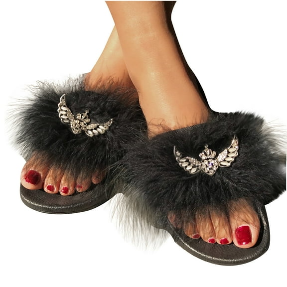 Anuirheih Slip on Sandals Women,Fashion Women Casual Furry Bright Flat Sandals Shoes Flip Flop(Black)