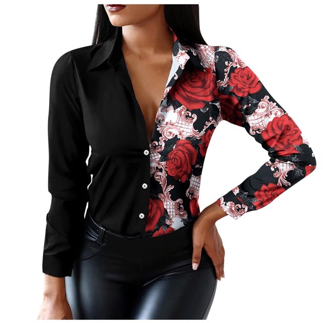 IROINID Clearance Womens Long Sleeve V-Neck Shirts Shirts For Button Down Floral Graphic Contrast Color Novelty Fall Blouses,Red