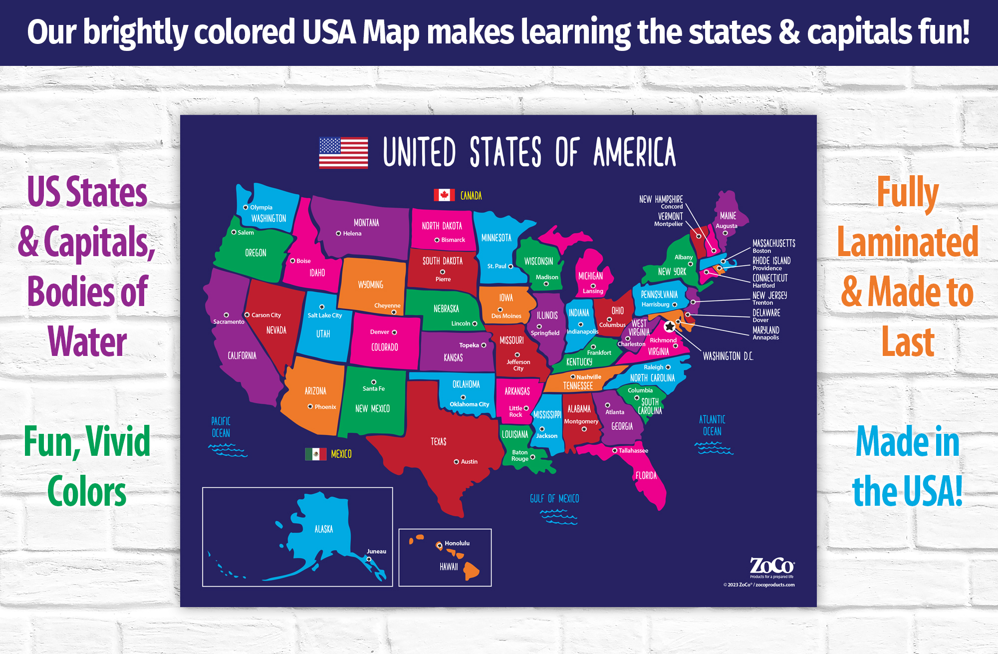 ZoCo: Laminated USA Map with State Capitals, 17" x 22" - Poster
