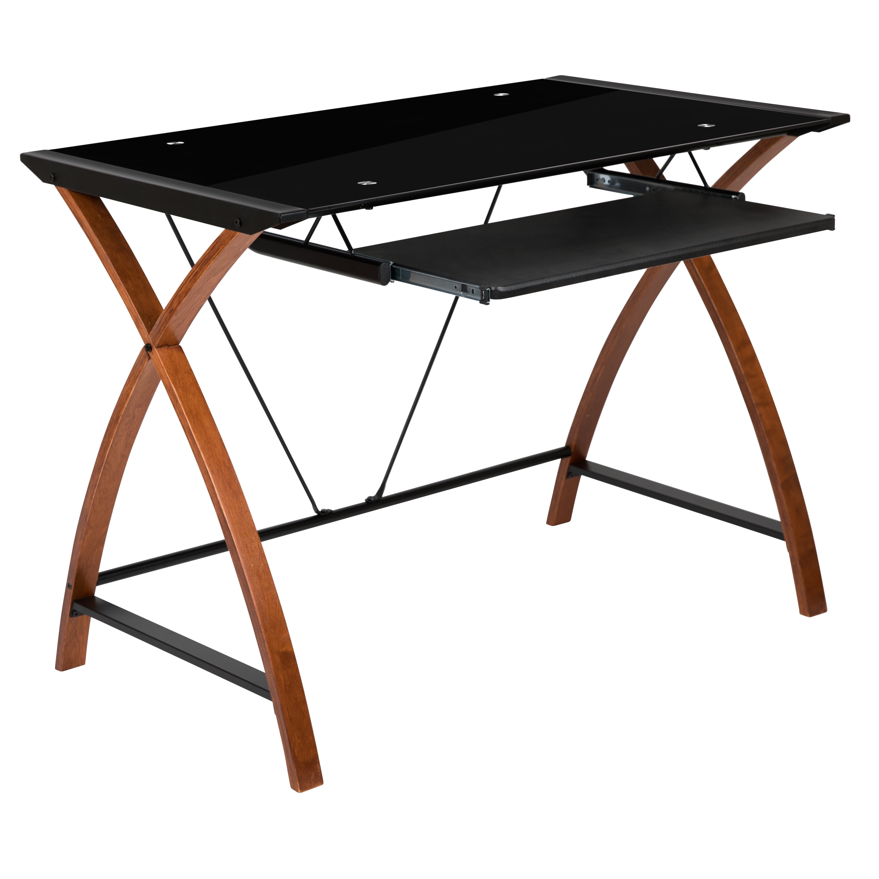 Emma + Oliver Black Glass Computer Desk with Pull-Out Keyboard Tray and Crisscross Frame