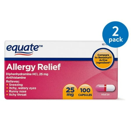 (2 Pack) Equate Allergy Relief Diphenhydramine Antihistamine Capsules, 25 mg, 100 (Best Antihistamine For Pollen Allergies)